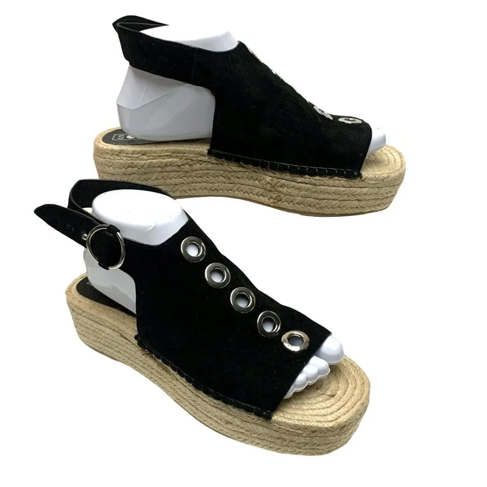 SOL SANA‎ Black Suede Jute Platform Slingback Espadrille Sandals **NWOB